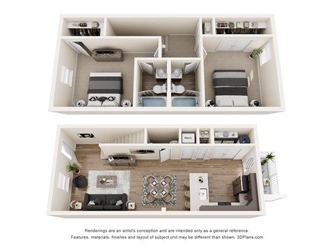 A 3D floor plan of a house with two bedrooms, a living room, a kitchen, and a bathroom.